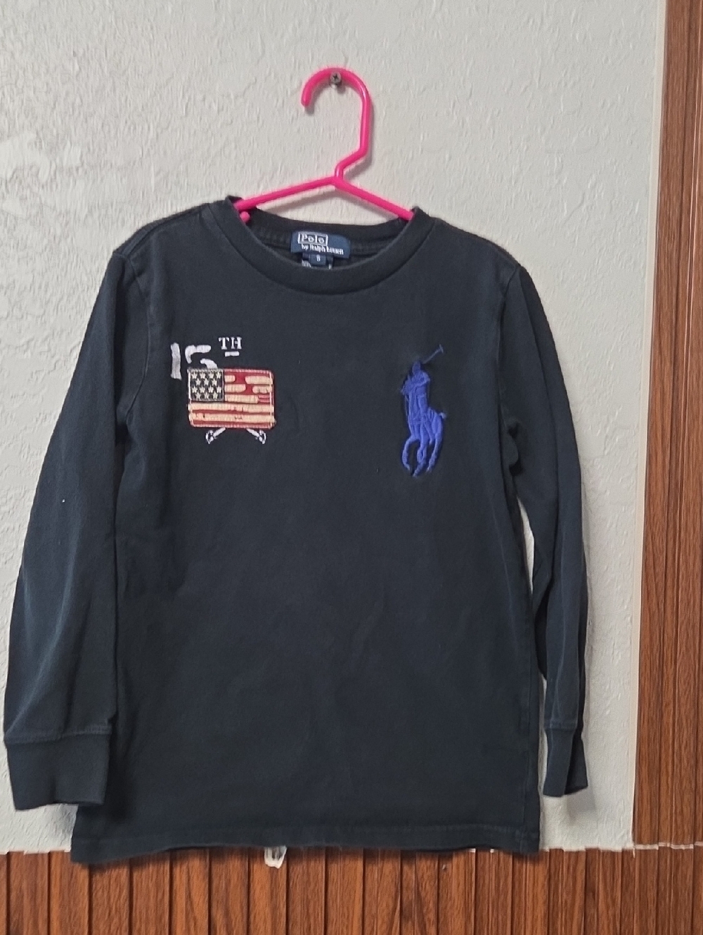 Ralph Lauren Black Long-Sleeve Tee with Blue Pony and Flag Patch